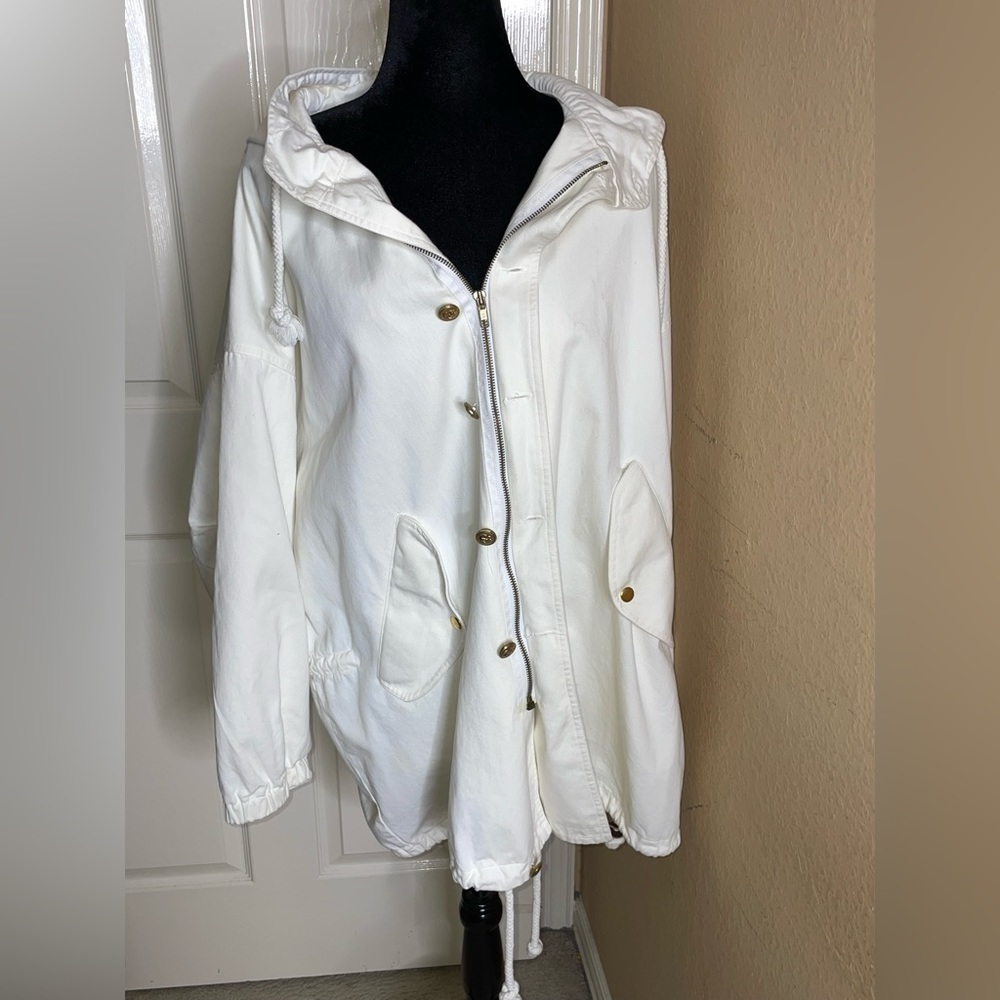 Adrienne Vittadini Sport White Hooded Nautical Jacket Medium​​​​​​​​​​​​​